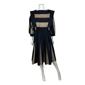 Vintage 80s Striped Dress Womens Medium Architectural Black Tan Thick Stripes
